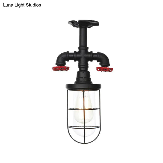 Industrial Black Cage Semi Flush Mount Ceiling Fixture With Clear Glass Valve Decor For Balcony