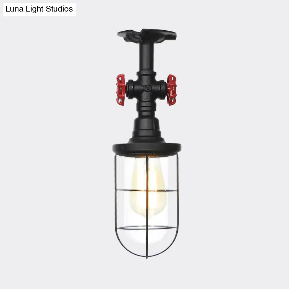 Industrial Black Cage Semi Flush Mount Ceiling Fixture With Clear Glass Valve Decor For Balcony