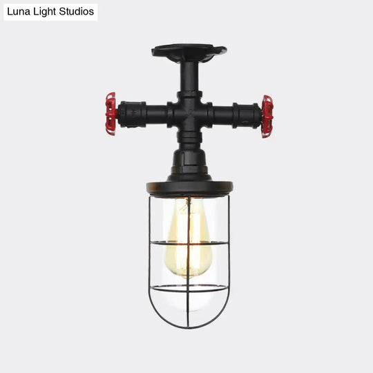 Industrial Black Cage Semi Flush Mount Ceiling Fixture With Clear Glass Valve Decor For Balcony