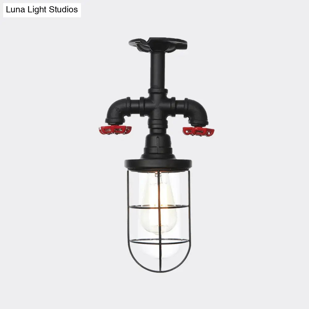 Industrial Black Cage Semi Flush Mount Ceiling Fixture With Clear Glass Valve Decor For Balcony