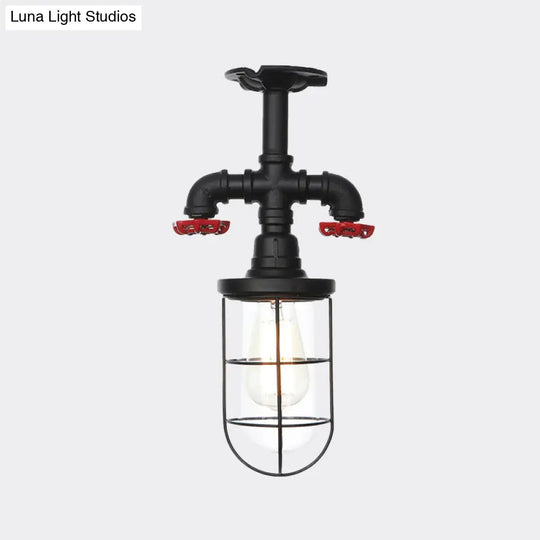 Industrial Black Cage Semi Flush Mount Ceiling Fixture With Clear Glass Valve Decor For Balcony
