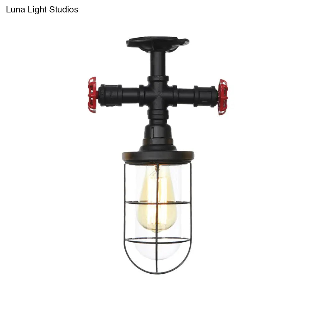 Industrial Black Cage Semi Flush Mount Ceiling Fixture With Clear Glass Valve Decor For Balcony