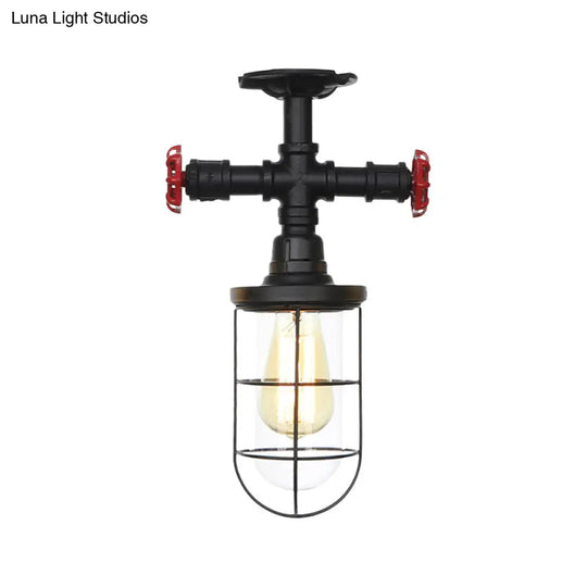 Industrial Black Cage Semi Flush Mount Ceiling Fixture With Clear Glass Valve Decor For Balcony