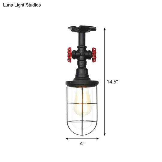 Industrial Black Cage Semi Flush Mount Ceiling Fixture With Clear Glass Valve Decor For Balcony