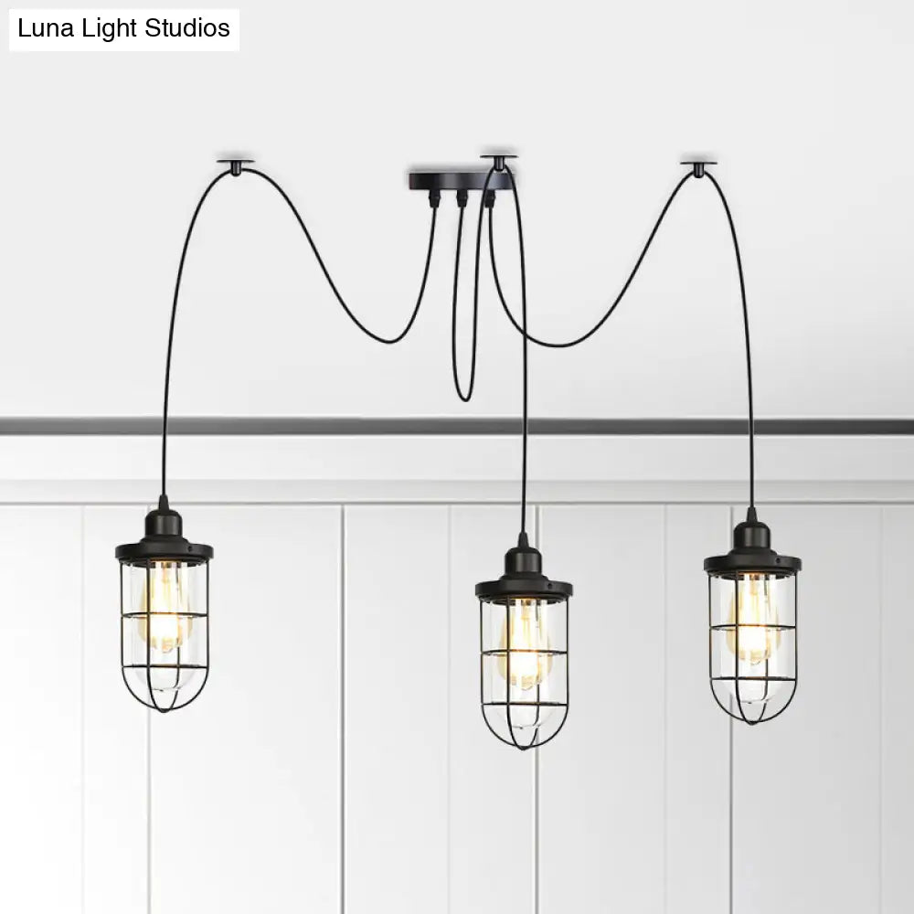 Industrial Black Caged Multi Ceiling Light - Clear Glass 2/3/6-Bulb Ideal For Restaurants Swag