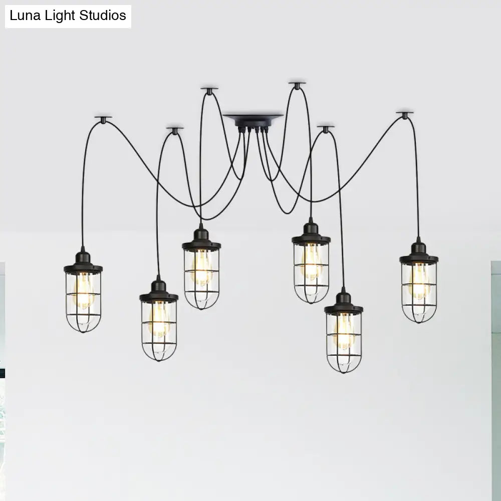 Industrial Black Caged Multi Ceiling Light - Clear Glass 2/3/6-Bulb Ideal For Restaurants Swag