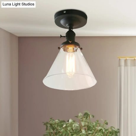 Industrial Black Ceiling Lighting: Semi Flush Light With Clear Glass Cone Shade For Living Room