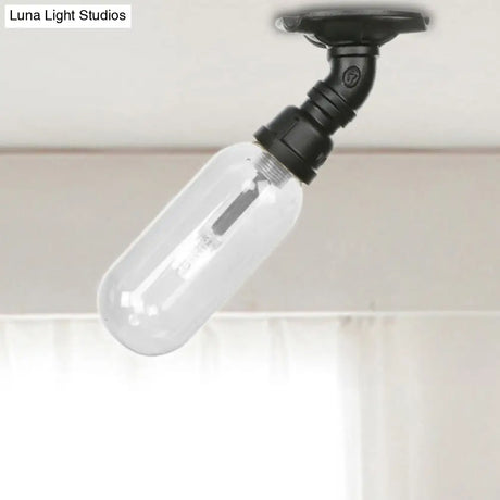 Industrial Black Ceiling Mounted Fixture - Oval Clear Glass Shade Semi Flush Mount With Pipe Design