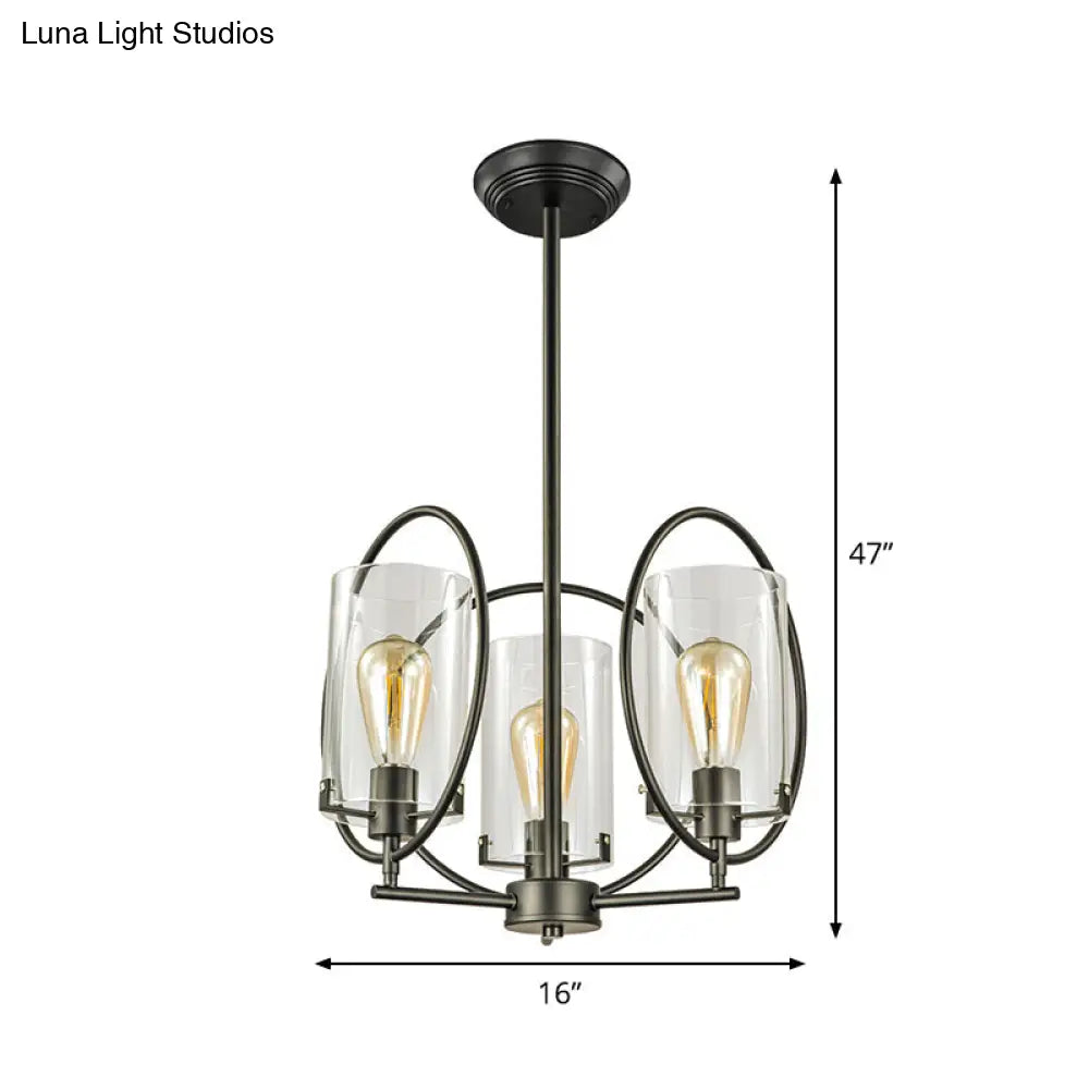 Industrial Black Chandelier With Clear Glass Cylindrical Shades - 3 Bulb Hanging Pendant Light