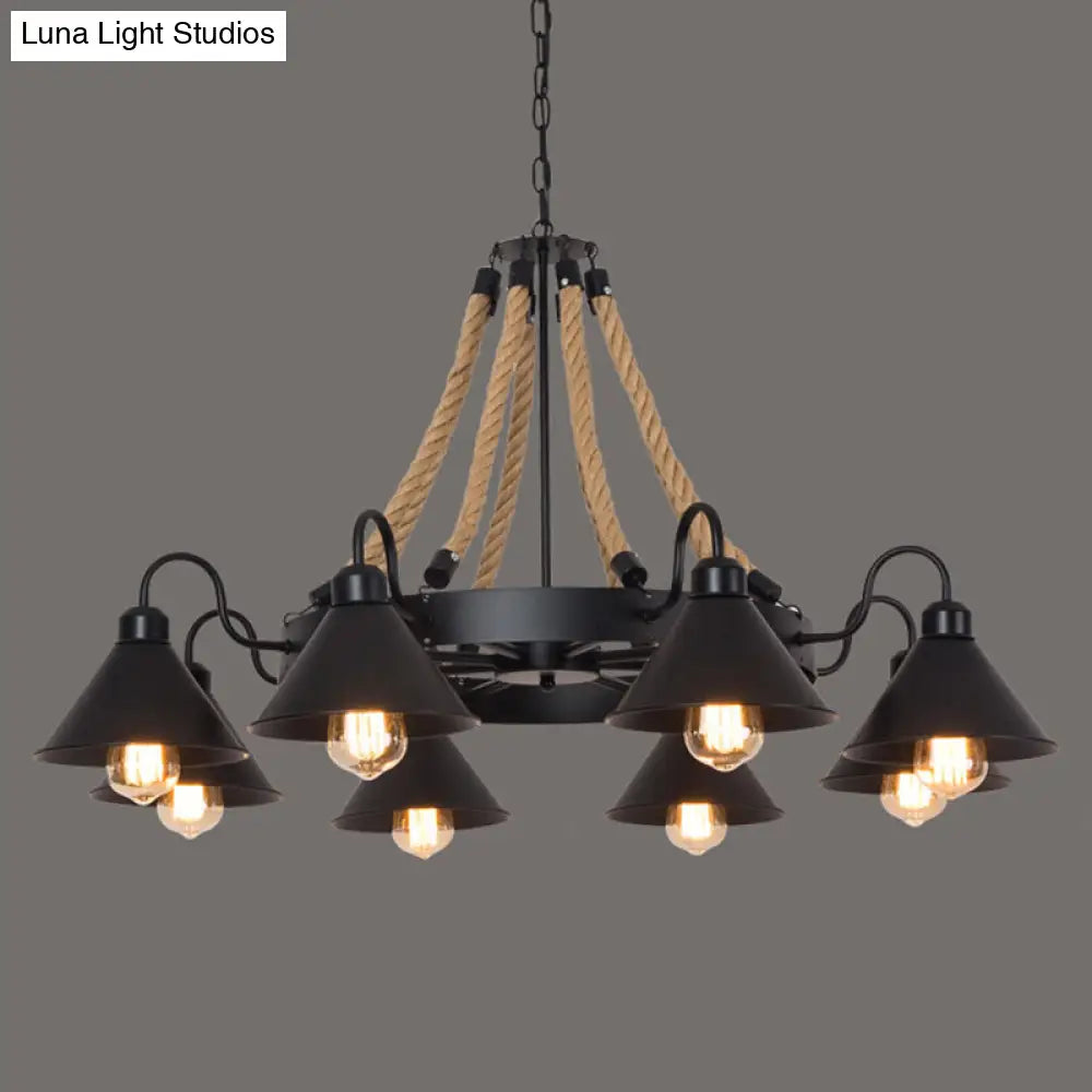 Industrial Circle Iron Ceiling Lighting Chandelier With Hemp Rope In Black 8 / C