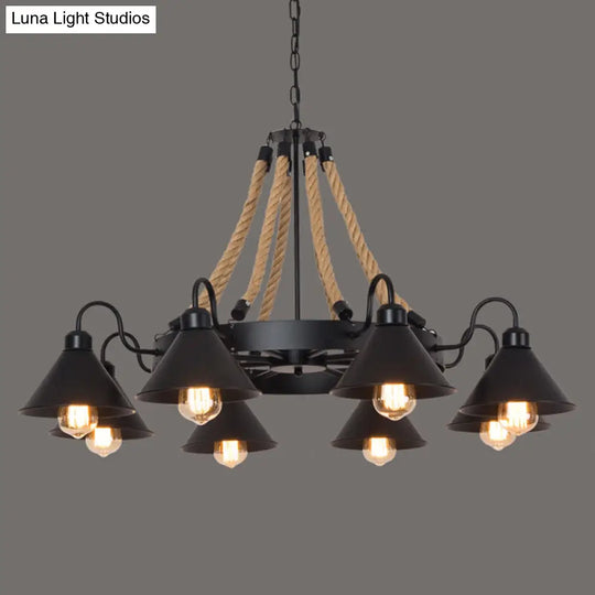 Industrial Circle Iron Ceiling Lighting Chandelier With Hemp Rope In Black 8 / C