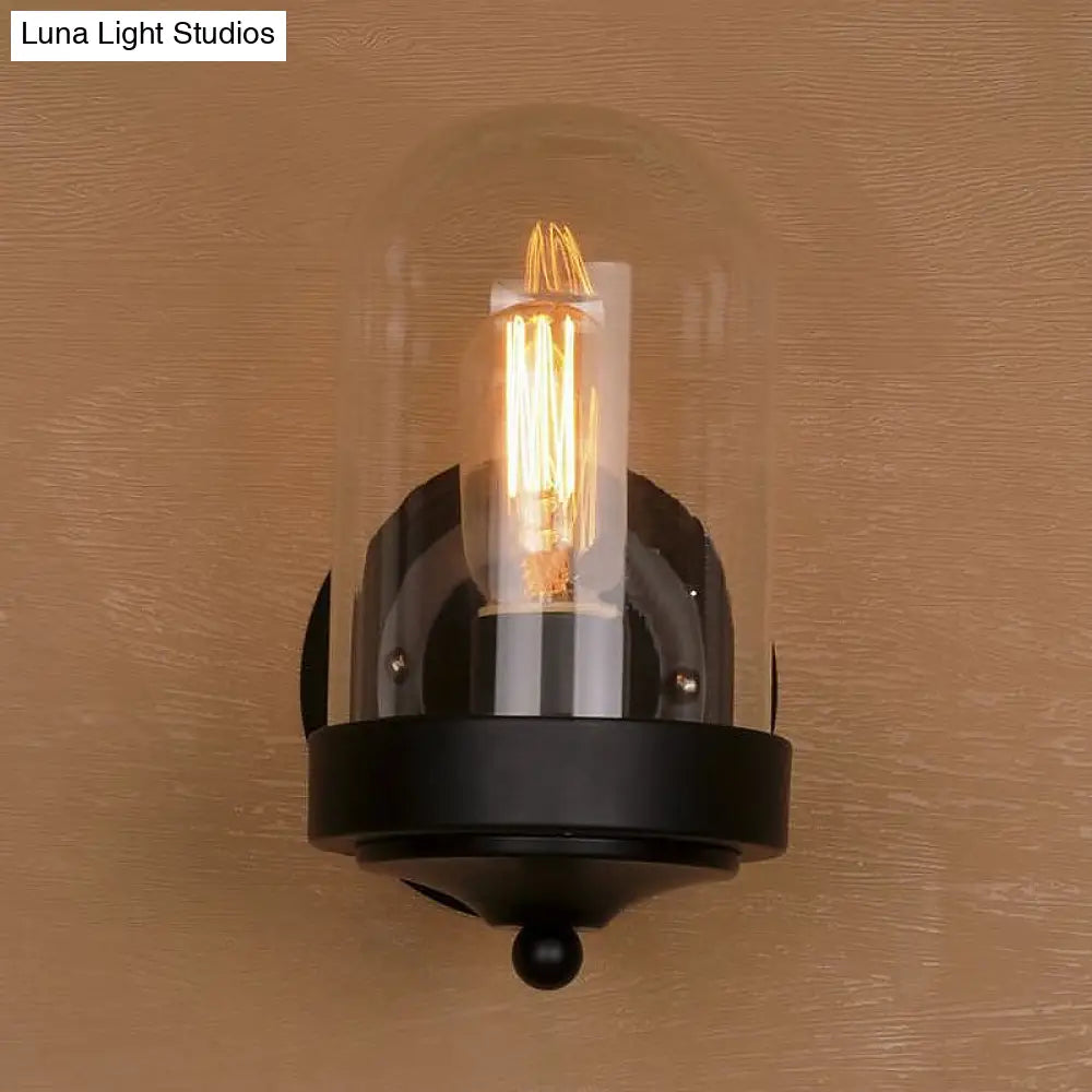 Industrial Black Clear Glass Capsule Wall Light Fixture For Porch - 1/2 Bulb Mount