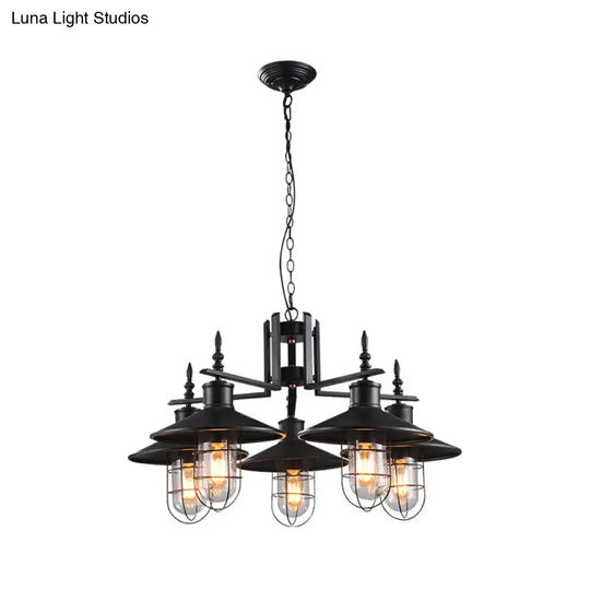 Industrial Black Cone Chandelier - 5-Light Clear Glass Pendant Light Fixture With Iron Cage For