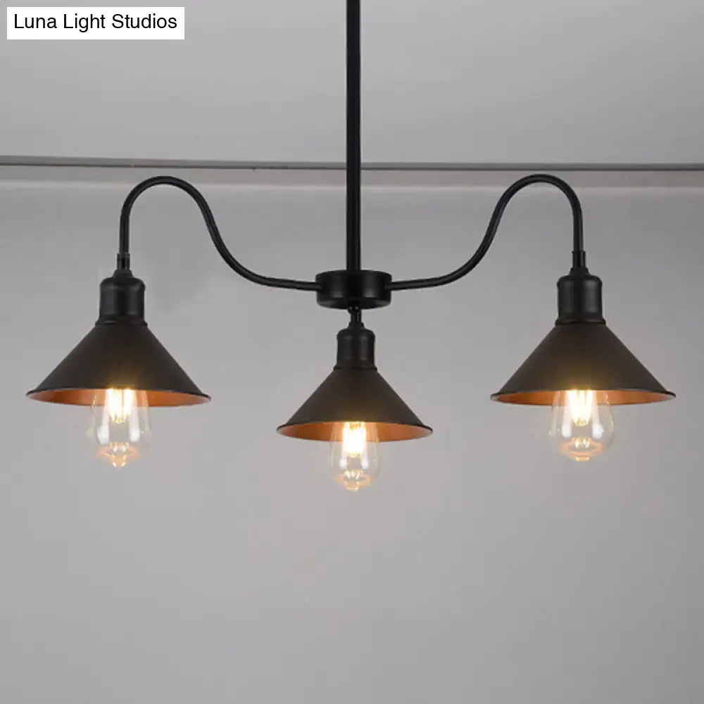 Industrial Metal Black Conical Pendant Lamp With 3 Heads & Curved Arm - Kitchen Chandelier Light