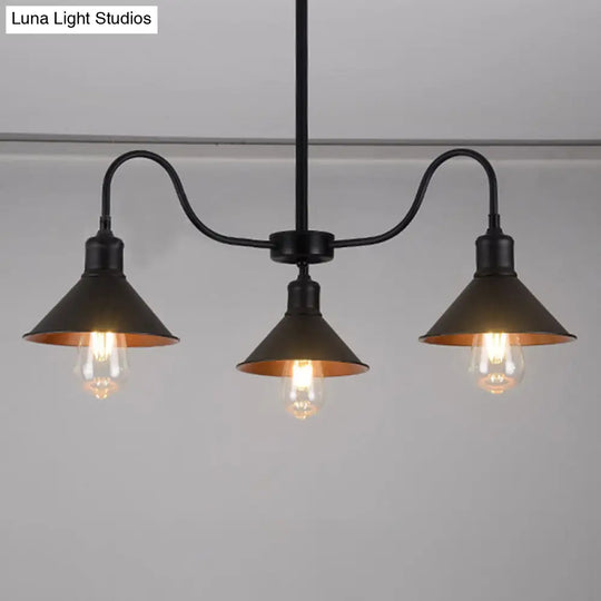 Industrial Metal Black Conical Pendant Lamp With 3 Heads & Curved Arm - Kitchen Chandelier Light
