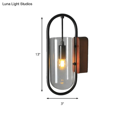 Industrial Black Cylinder Sconce Lighting - Clear/Amber Glass Wall Mount Fixture