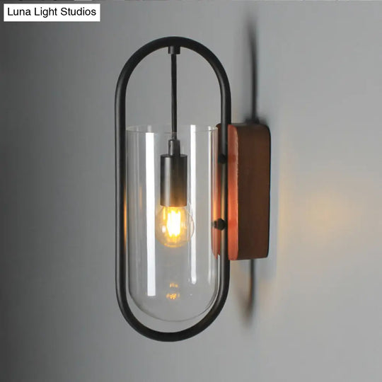 Industrial Black Cylinder Sconce Lighting - Clear/Amber Glass Wall Mount Fixture