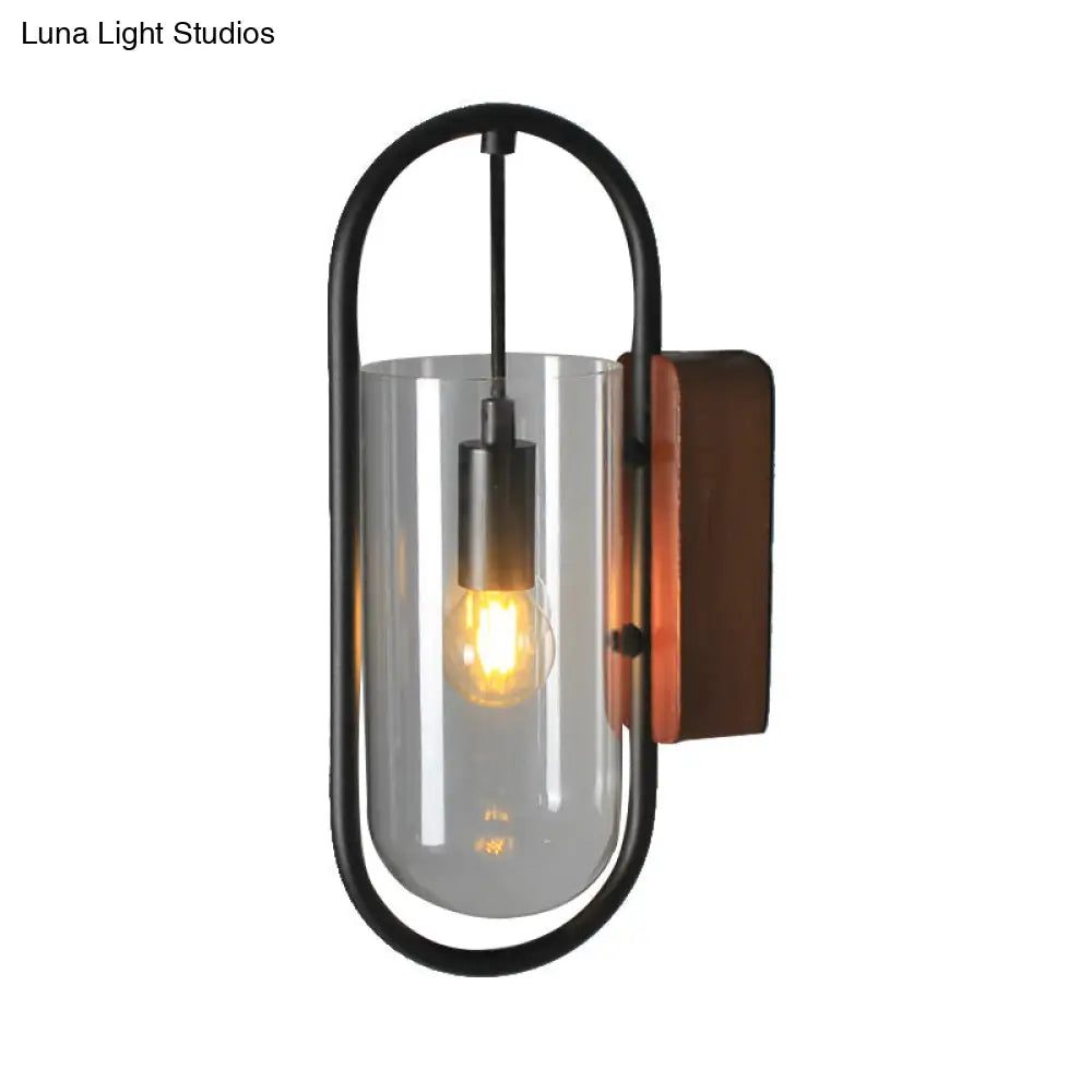 Industrial Black Cylinder Sconce Lighting - Clear/Amber Glass Wall Mount Fixture