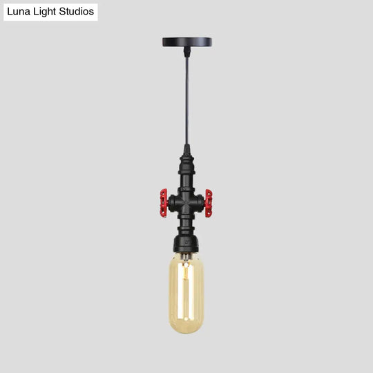 Industrial Black Finish Amber Glass Pendant Lamp With Pipe Suspension - 1-Light Ball/Capsule