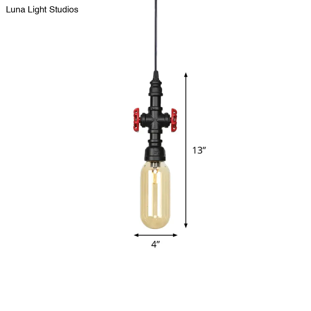 Industrial Black Finish Amber Glass Pendant Lamp With Pipe Suspension - 1-Light Ball/Capsule