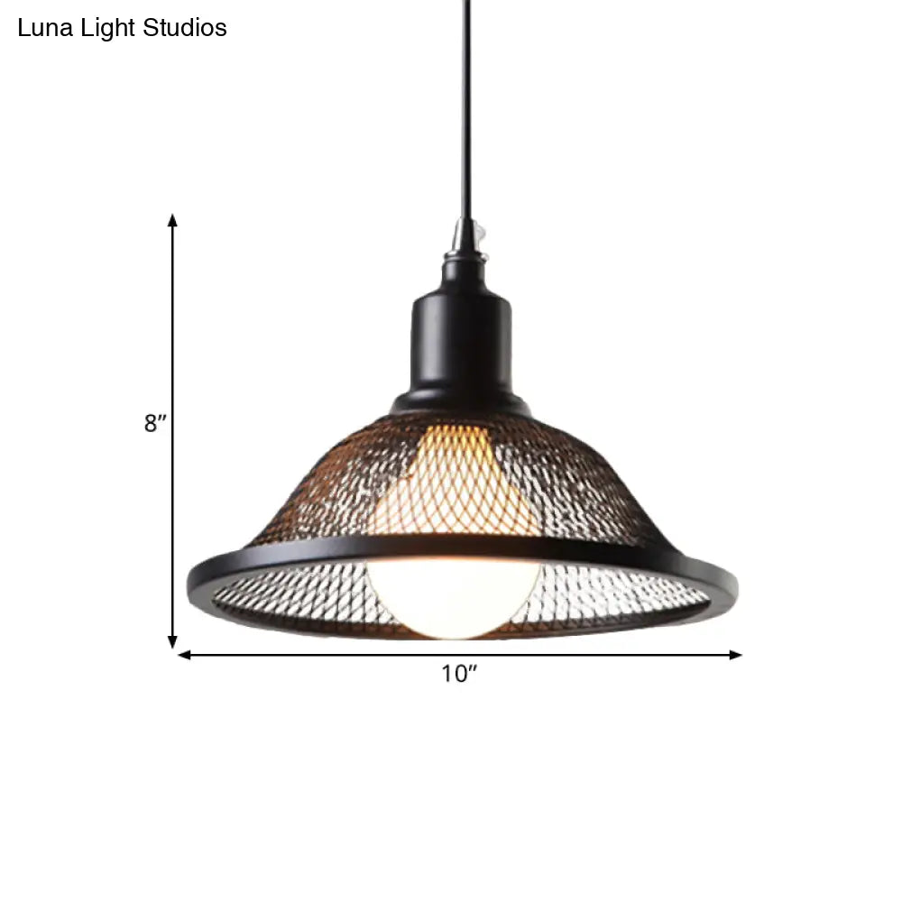 Industrial Black Flared Pendant Light With Mesh Cage - Metallic Hanging Lighting Fixture