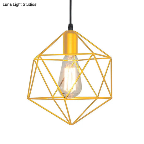Industrial Black/Gold Geometric Cage Pendant Light - Metal Hanging Lamp For Kitchen Island