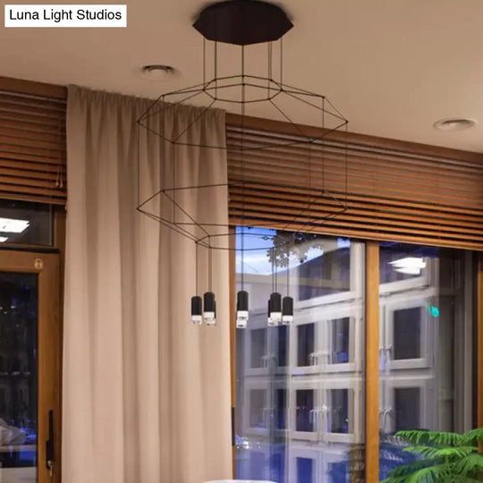 Industrial Black Hexagonal/Long Column Pendant Light - Modern 3D Structure With 4/6/8 Heads Ideal