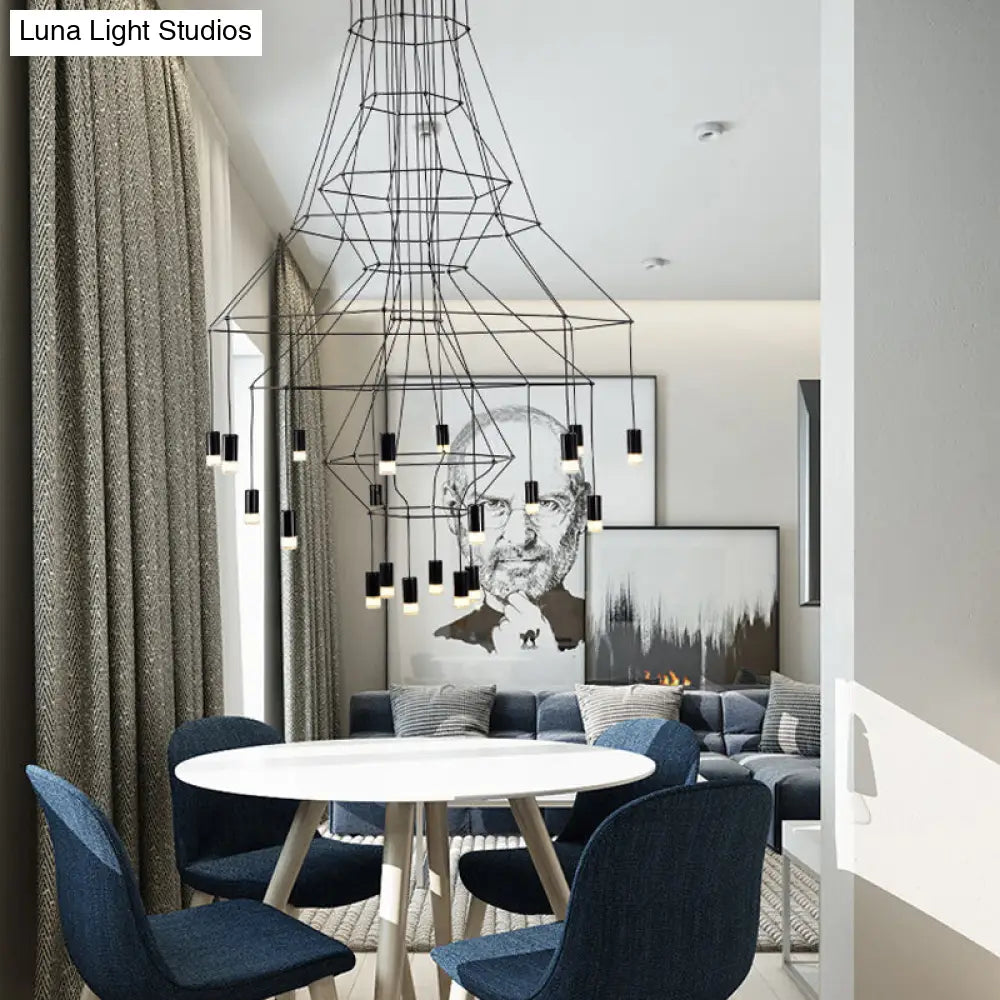 Iron Pendant Light Industrial Chandelier - Hexagonal/Long Column Design 4/6/8 Heads Black 3D