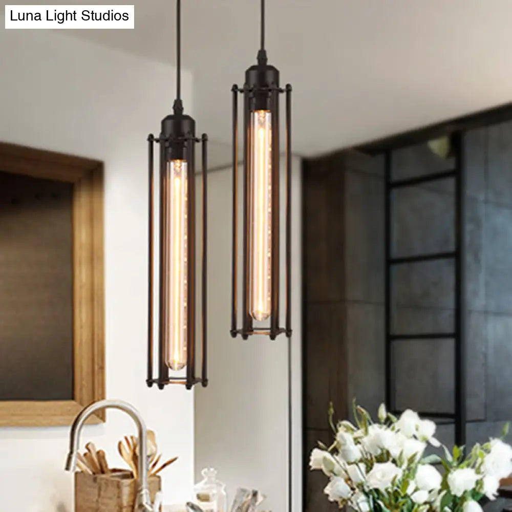 Industrial Black Iron Cage Pendant Light - 1-Bulb Cylindrical Ceiling Fixture For Bars / Vertical