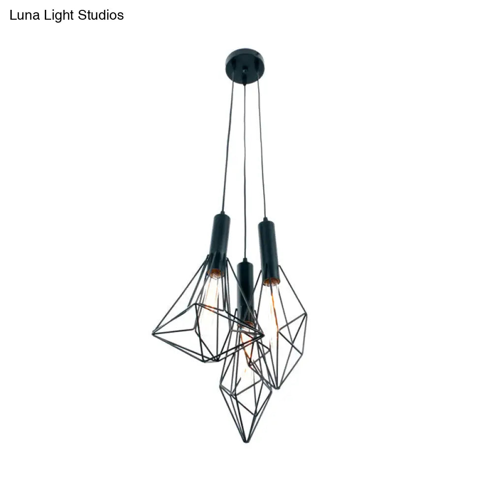 Industrial Black Iron Cage Pendant Hanging Light With 3 Lights For Cafe