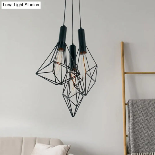 Industrial Black Iron Cage Pendant Hanging Light With 3 Lights For Cafe