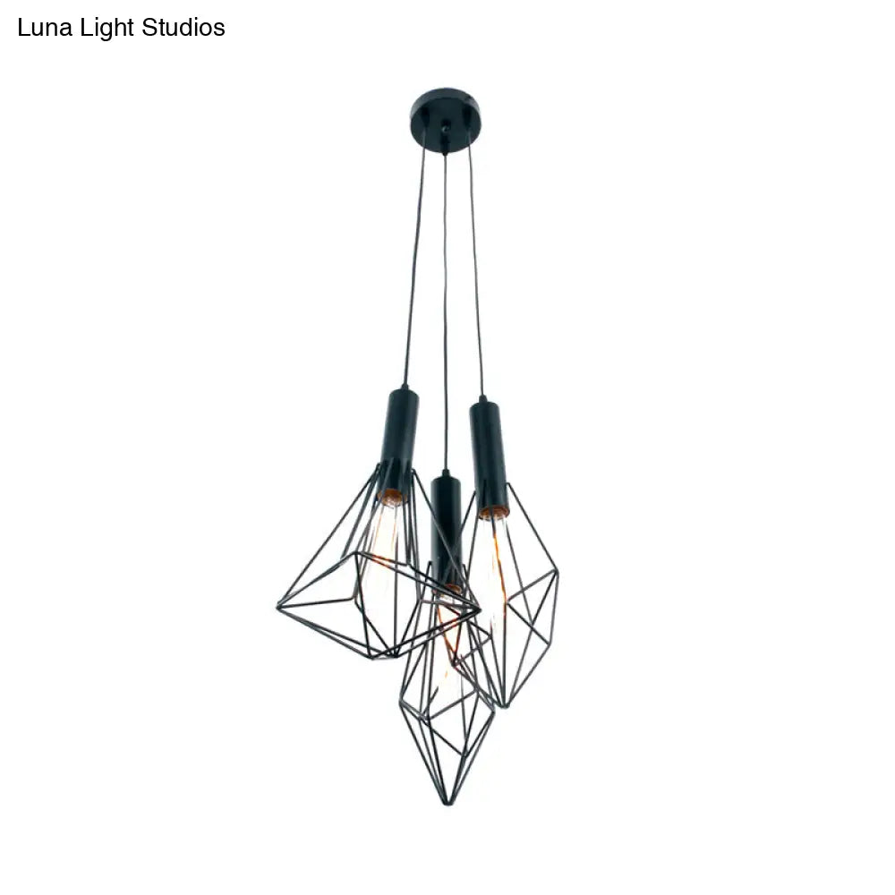 Industrial Black Iron Cage Pendant Light - Abstract Cafe Hanging Fixture With 3 Lights