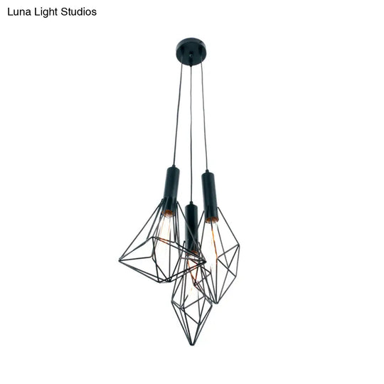 Industrial Black Iron Cage Pendant Light - Abstract Cafe Hanging Fixture With 3 Lights