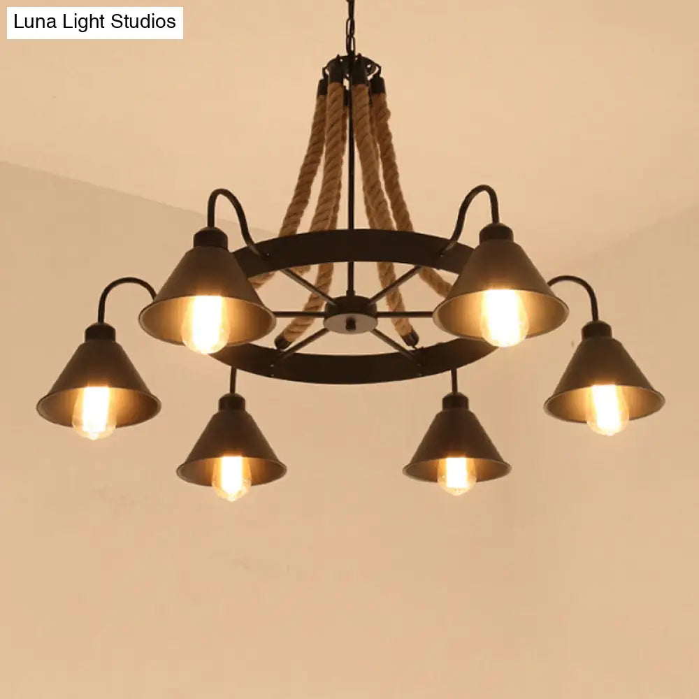 Industrial Black Conical Chandelier - Stylish Iron Suspension Lighting With Wheel And Hemp Detail 6