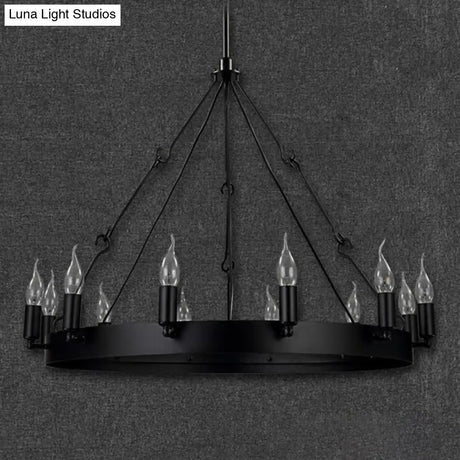 Industrial Black Iron Circle Chandelier With 12/18 Lights Bare Bulb Design - Hanging Lamp Kit