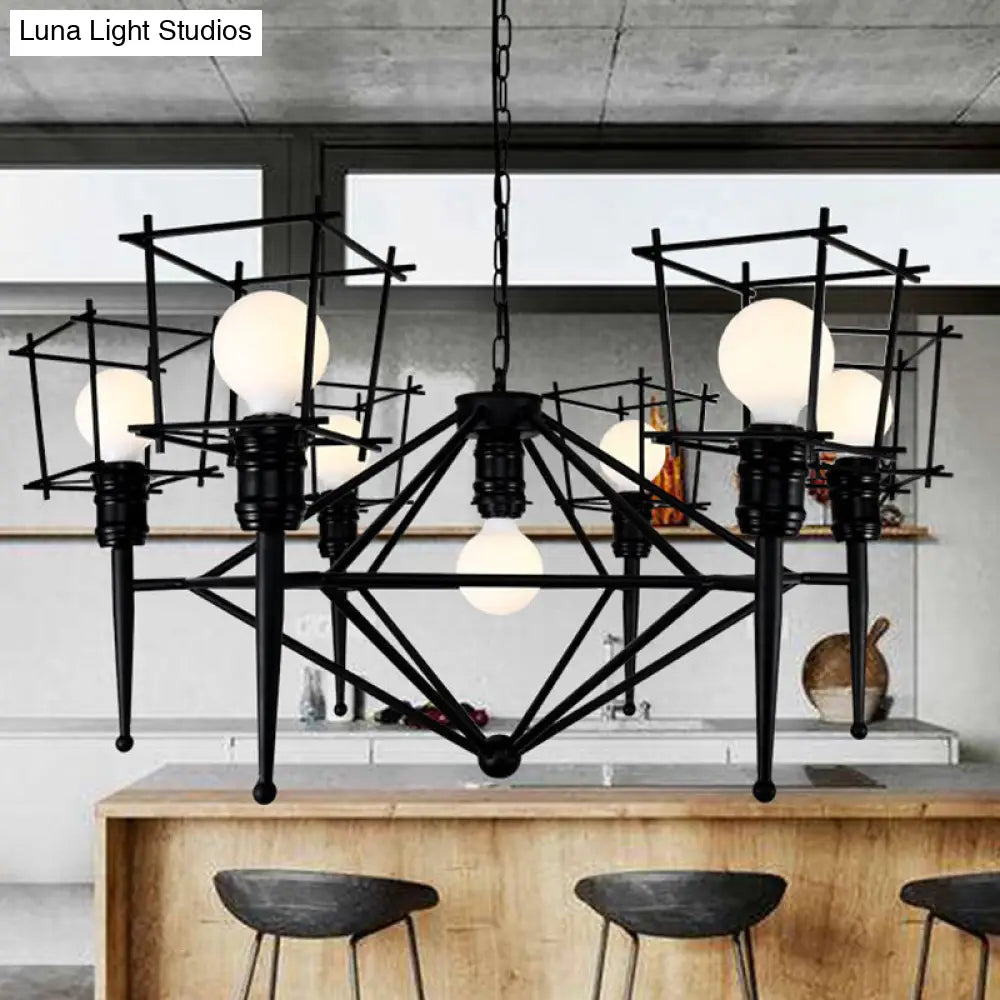 Industrial Black Iron Pendant Lighting - Squared Cage Style For Restaurants