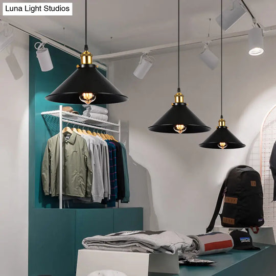 Industrial Black Iron Conical Shade Pendant Light - Single-Bulb Suspension For Restaurants / Small