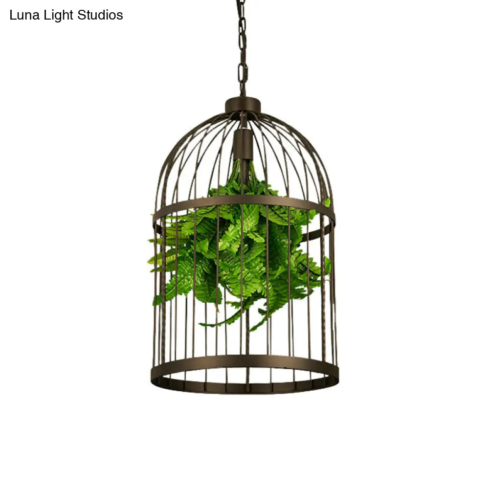 Industrial Black Iron Pendulum Birdcage Lamp With Artificial Plant - Single-Bulb Hanging Light