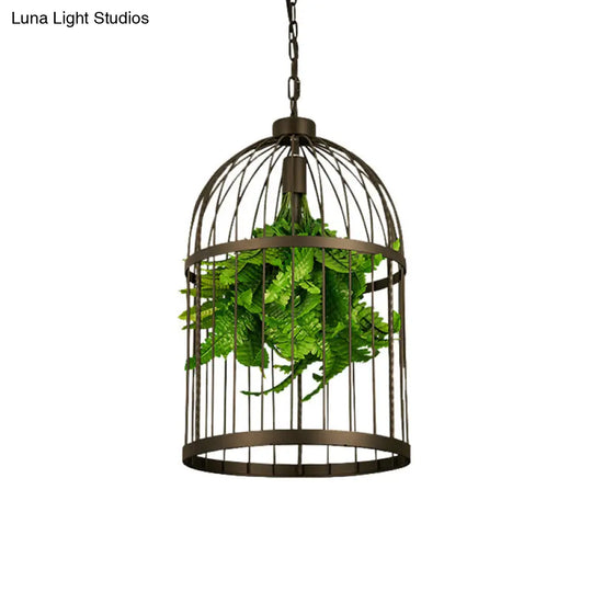 Industrial Black Iron Pendulum Birdcage Lamp With Artificial Plant - Single-Bulb Hanging Light