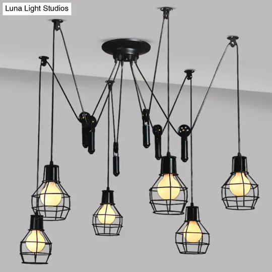 Industrial Black Iron Swag Pendant Lighting With 6 Caged Lights And Pulley