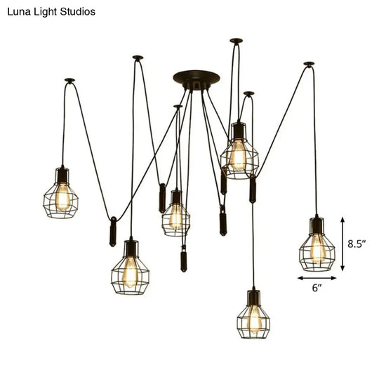 Industrial Black Iron Swag Pendant Lighting With 6 Caged Lights And Pulley
