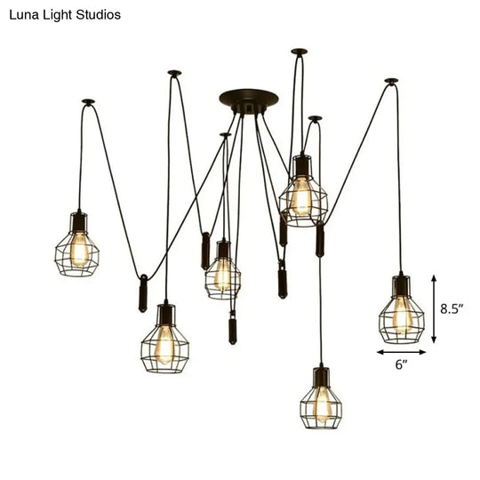Industrial Black Iron Swag Pendant Lighting - 6-Light Caged Design With Pulley For Multiple Hanging