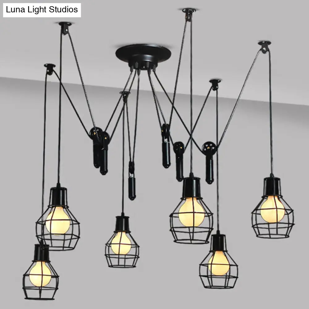 Industrial Black Iron Swag Pendant Lighting - 6-Light Caged Design With Pulley For Multiple Hanging