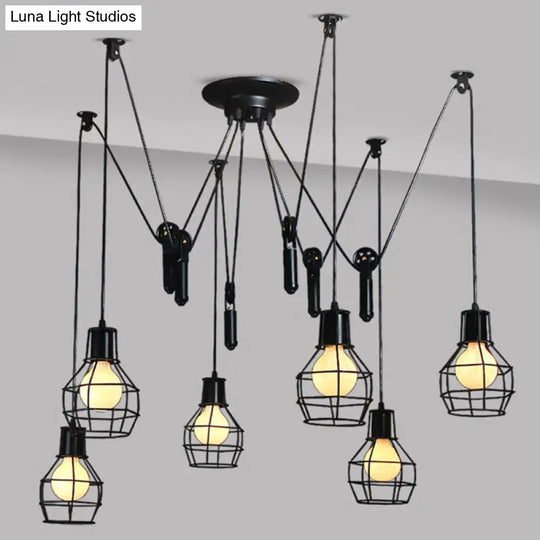 Industrial Black Iron Swag Pendant Lighting - 6-Light Caged Design With Pulley For Multiple Hanging