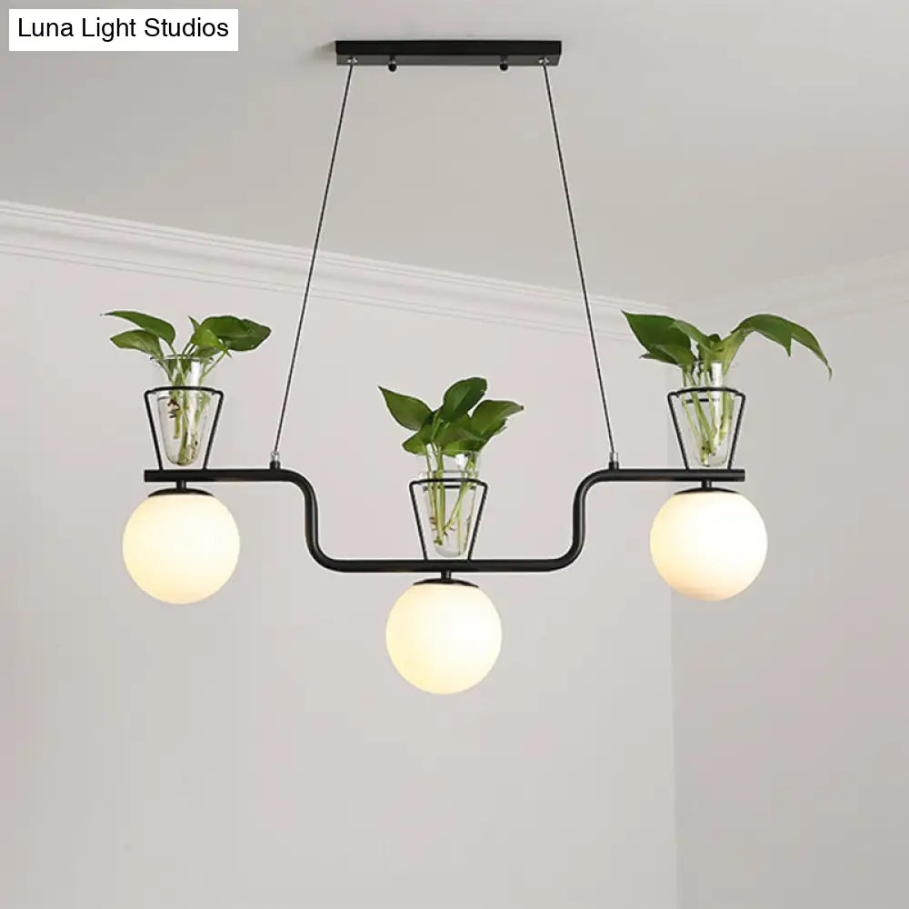 Industrial Black Island Light Fixture With Opal Glass Globe Pendant And Clear Pot - 3-Bulb