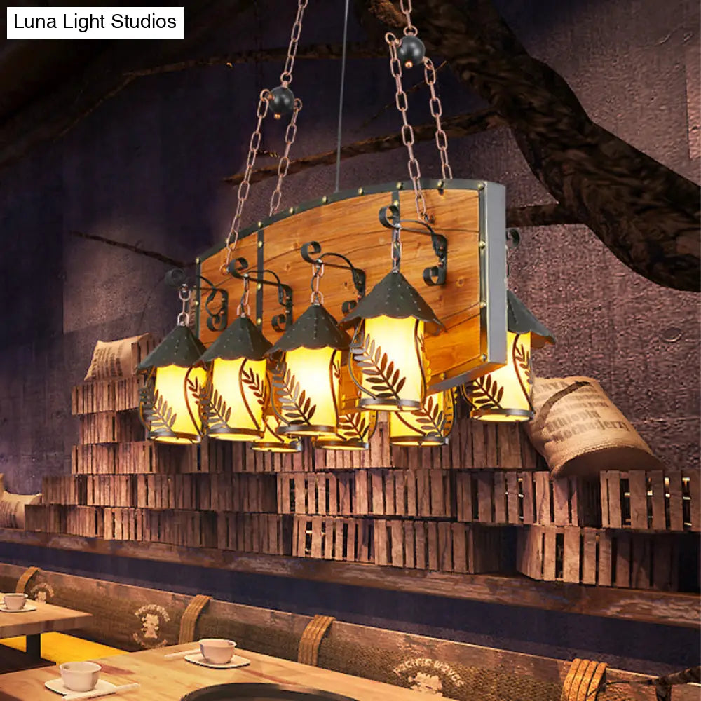 Industrial Black Lantern Island Pendant Light With 8 Lights Metal Arm White Fabric/Clear Glass - For