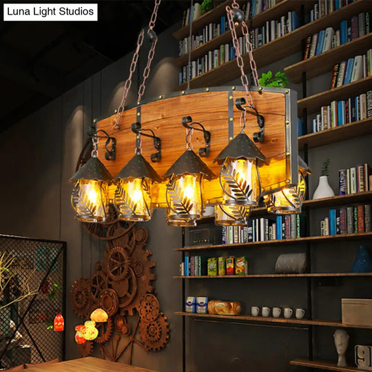 Industrial Black Lantern Island Pendant Light With 8 Lights Metal Arm White Fabric/Clear Glass - For