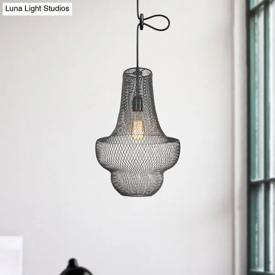 Industrial Black Mesh Cage Pendant Light - Modern Metal Hanging Lamp For Dining Room