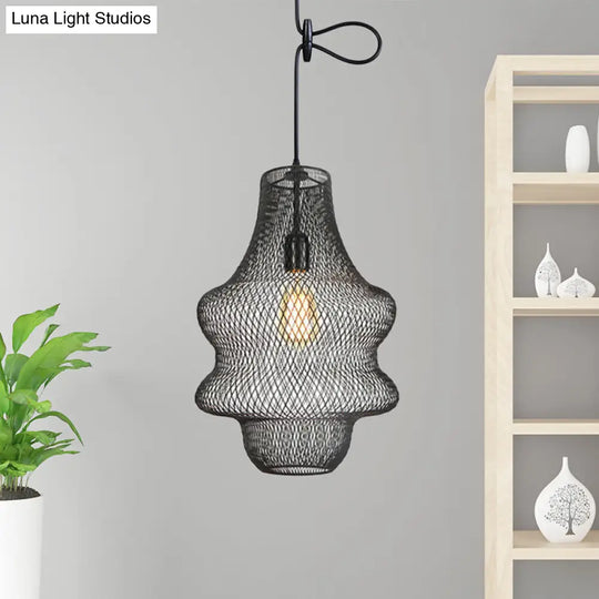 Industrial Black Mesh Cage Pendant Light - Modern Dining Room Hanging Lamp