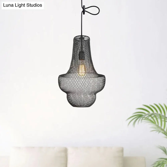 Industrial Black Mesh Cage Pendant Light - Modern Dining Room Hanging Lamp